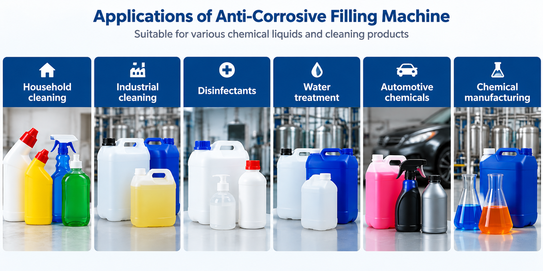 Applications of anti-corrosive filling machines for household cleaners, industrial detergents, disinfectants, water treatment and chemical products